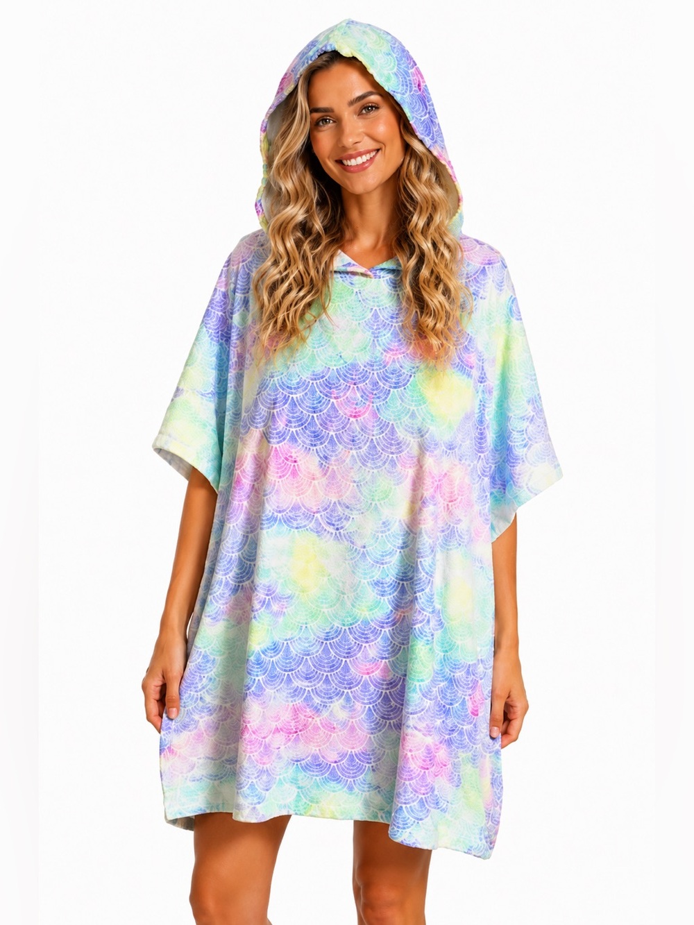 Wonder Nation Hooded Poncho Pastel Mermaid Print Girls 14/16 PLUS Cozy Cover-Up